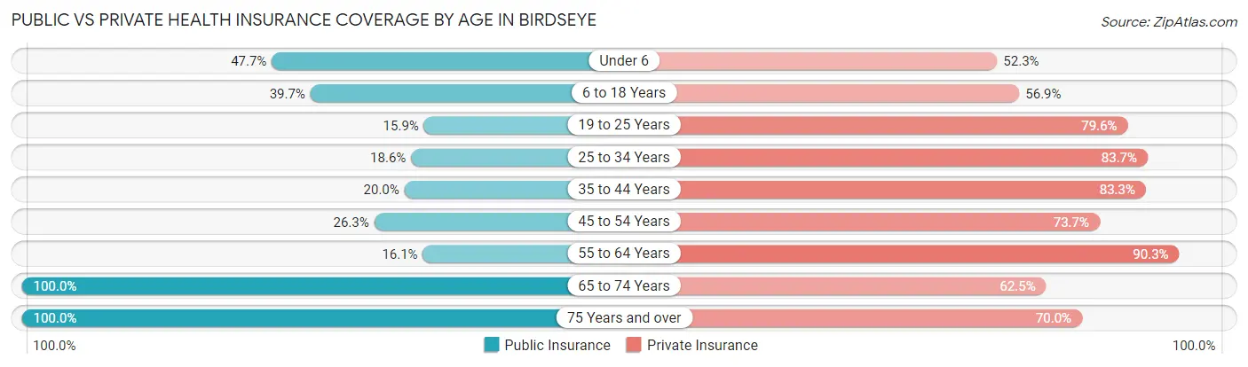 Public vs Private Health Insurance Coverage by Age in Birdseye