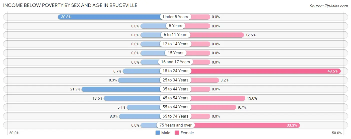 Income Below Poverty by Sex and Age in Bruceville