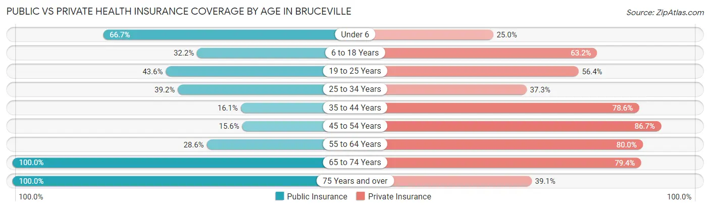 Public vs Private Health Insurance Coverage by Age in Bruceville