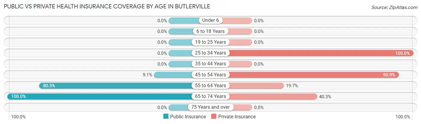 Public vs Private Health Insurance Coverage by Age in Butlerville
