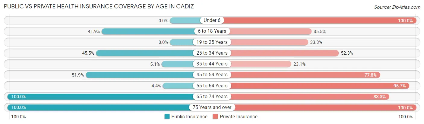 Public vs Private Health Insurance Coverage by Age in Cadiz