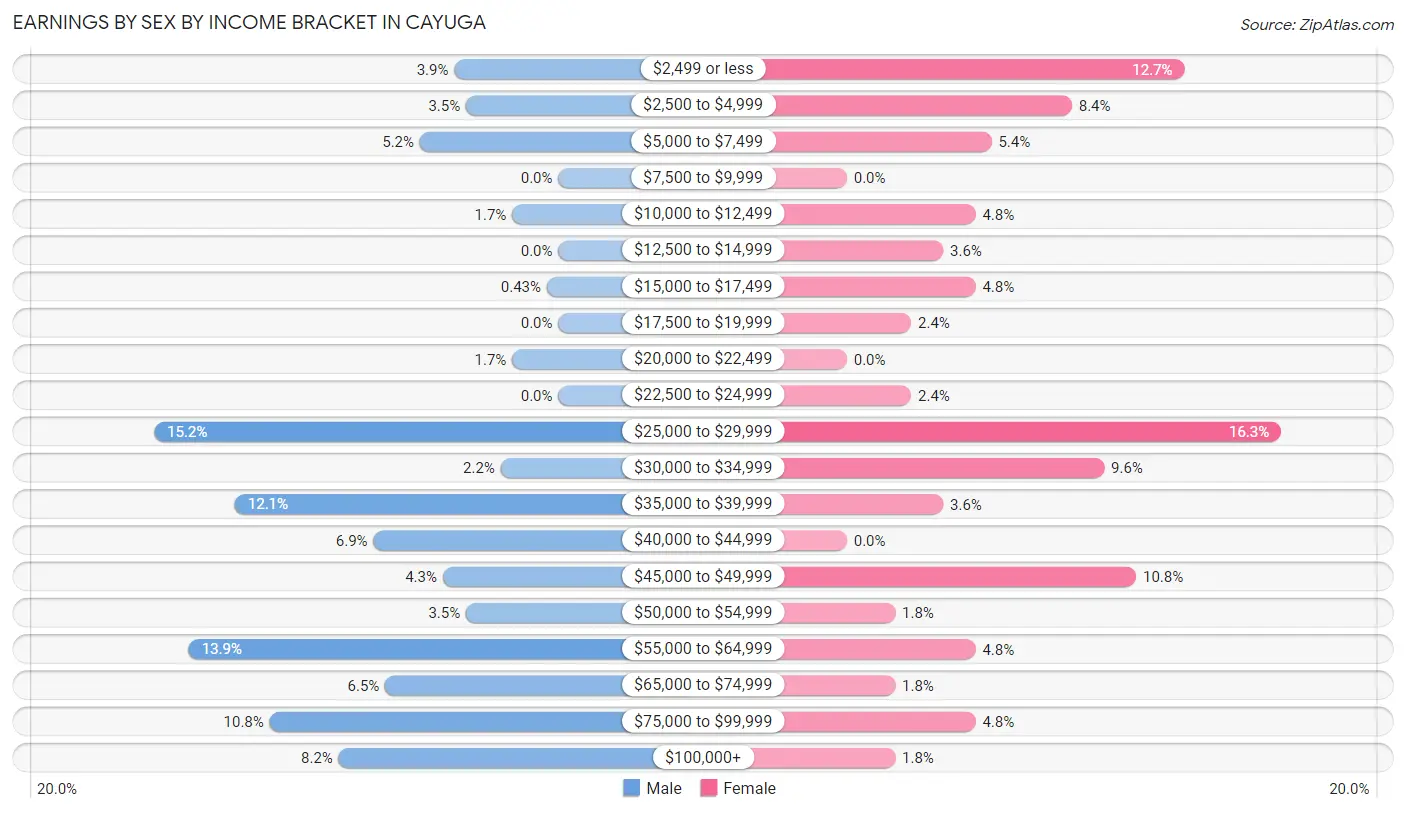 Earnings by Sex by Income Bracket in Cayuga