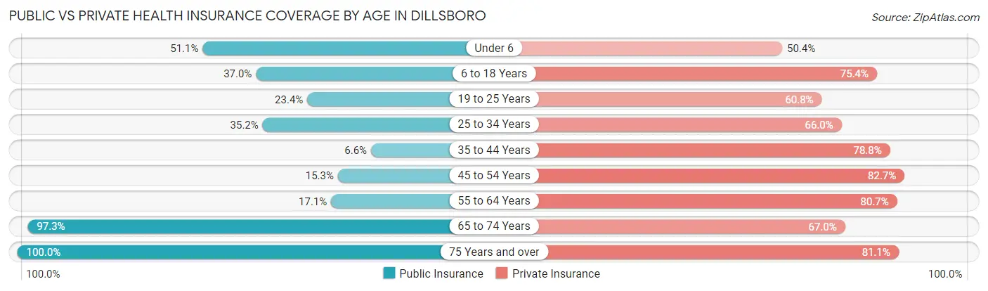 Public vs Private Health Insurance Coverage by Age in Dillsboro