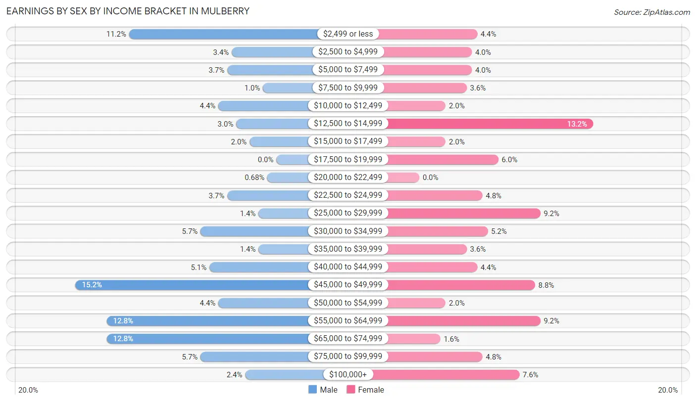 Earnings by Sex by Income Bracket in Mulberry