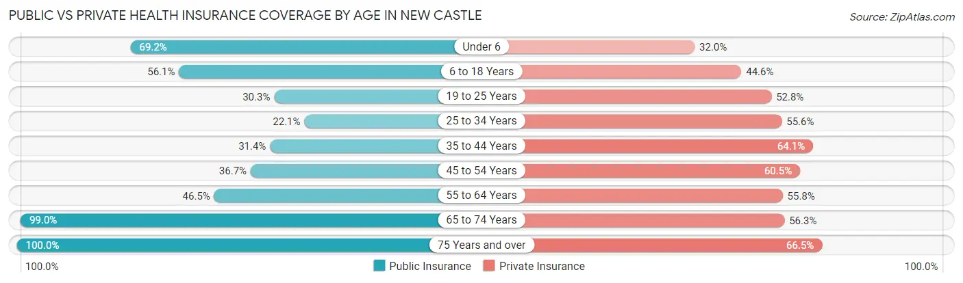 Public vs Private Health Insurance Coverage by Age in New Castle