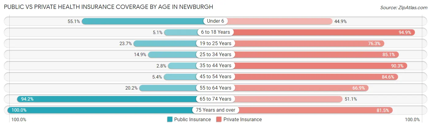 Public vs Private Health Insurance Coverage by Age in Newburgh