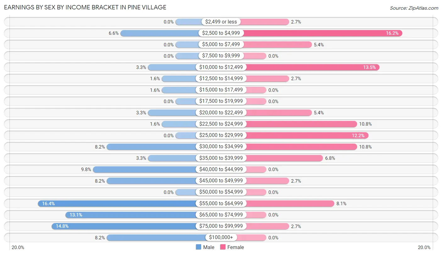 Earnings by Sex by Income Bracket in Pine Village