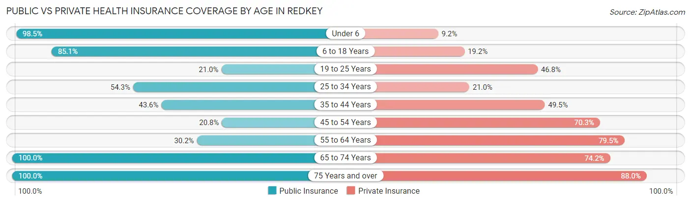 Public vs Private Health Insurance Coverage by Age in Redkey