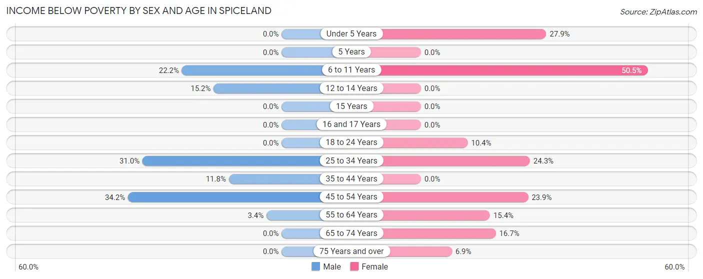 Income Below Poverty by Sex and Age in Spiceland
