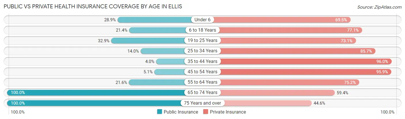 Public vs Private Health Insurance Coverage by Age in Ellis