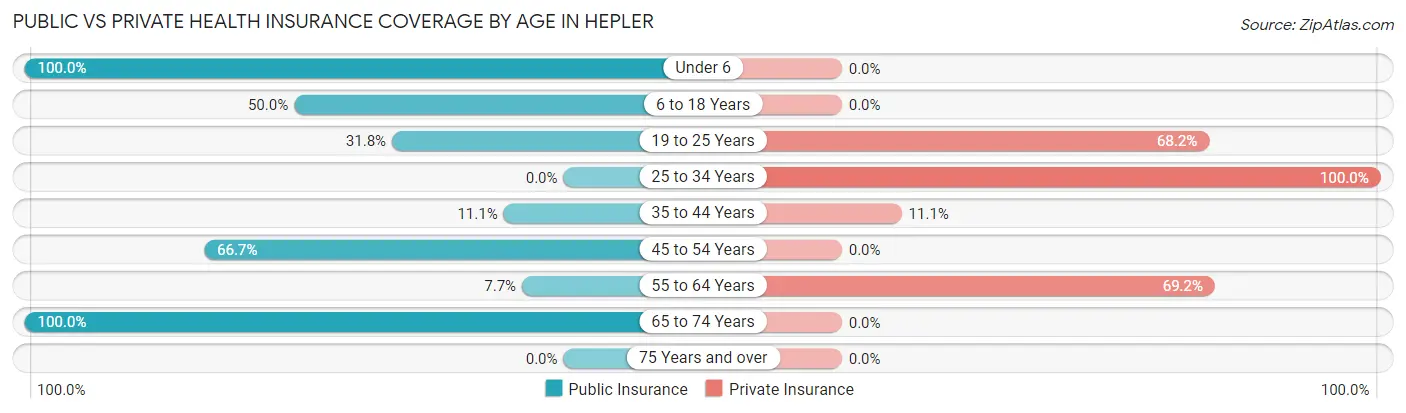 Public vs Private Health Insurance Coverage by Age in Hepler