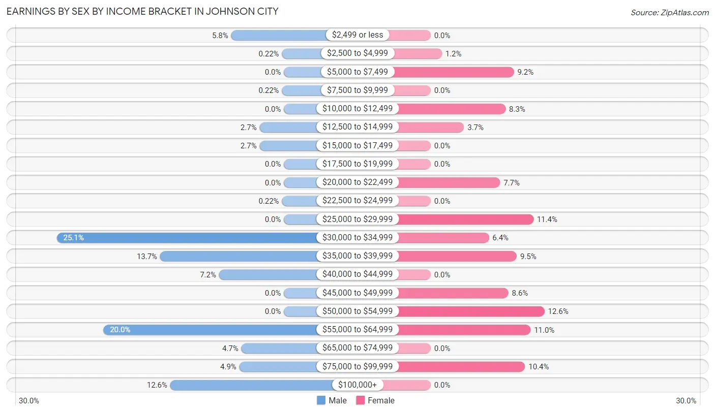 Earnings by Sex by Income Bracket in Johnson City