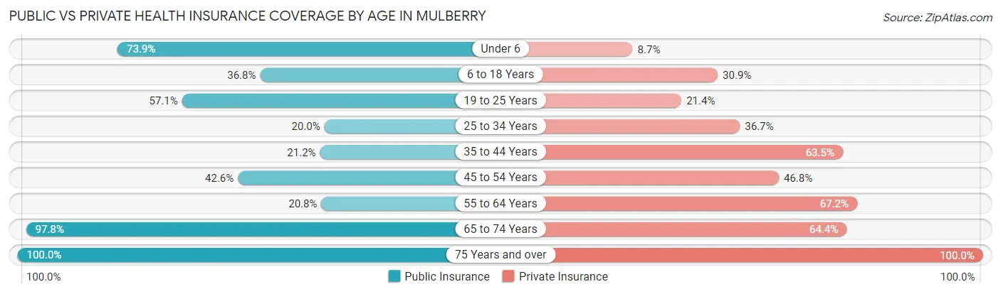 Public vs Private Health Insurance Coverage by Age in Mulberry