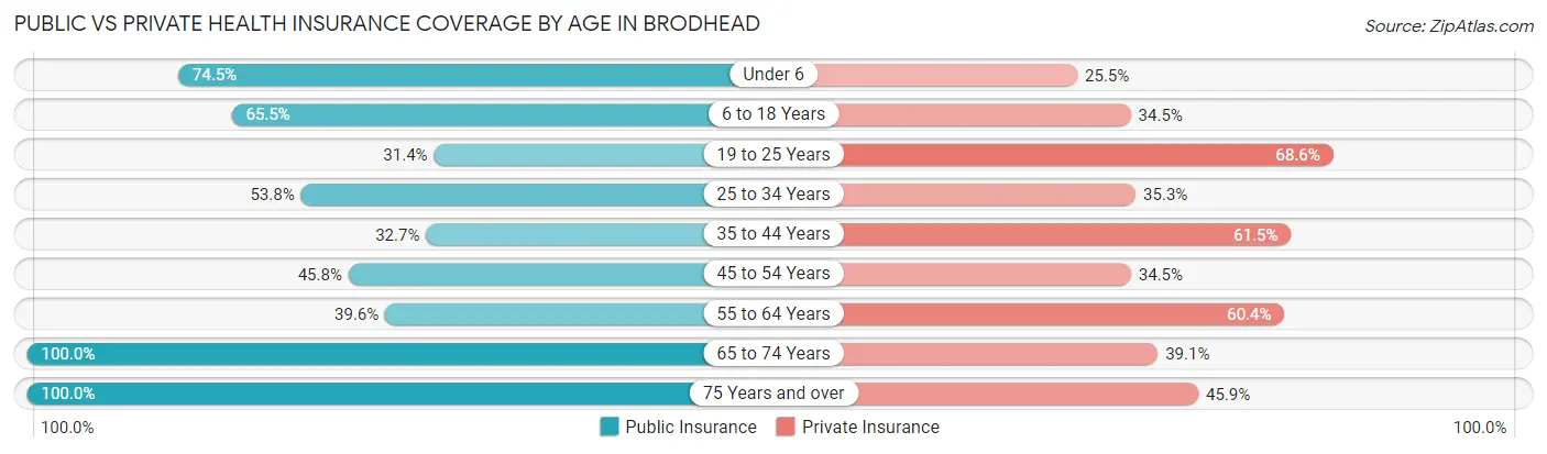 Public vs Private Health Insurance Coverage by Age in Brodhead