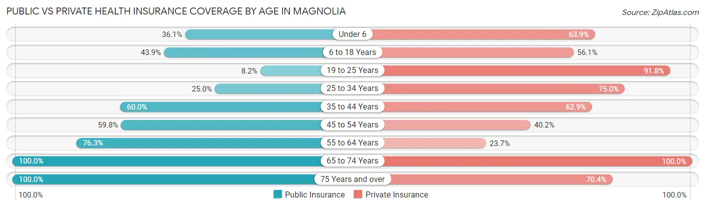 Public vs Private Health Insurance Coverage by Age in Magnolia