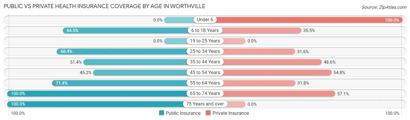 Public vs Private Health Insurance Coverage by Age in Worthville