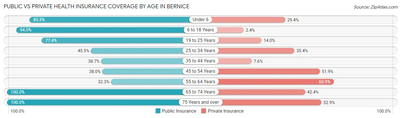 Public vs Private Health Insurance Coverage by Age in Bernice