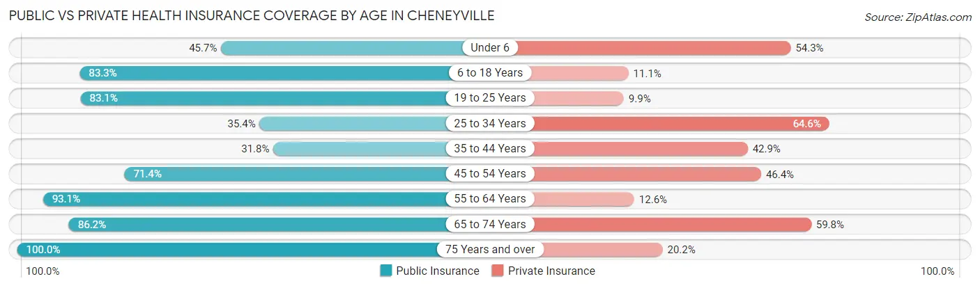 Public vs Private Health Insurance Coverage by Age in Cheneyville