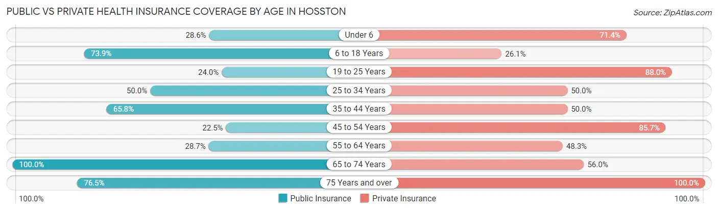 Public vs Private Health Insurance Coverage by Age in Hosston