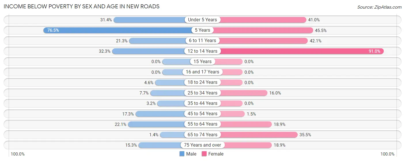 Income Below Poverty by Sex and Age in New Roads