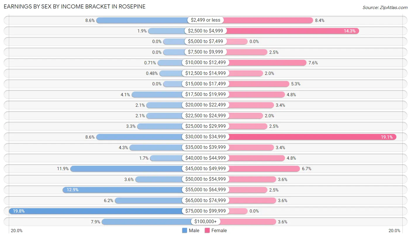 Earnings by Sex by Income Bracket in Rosepine