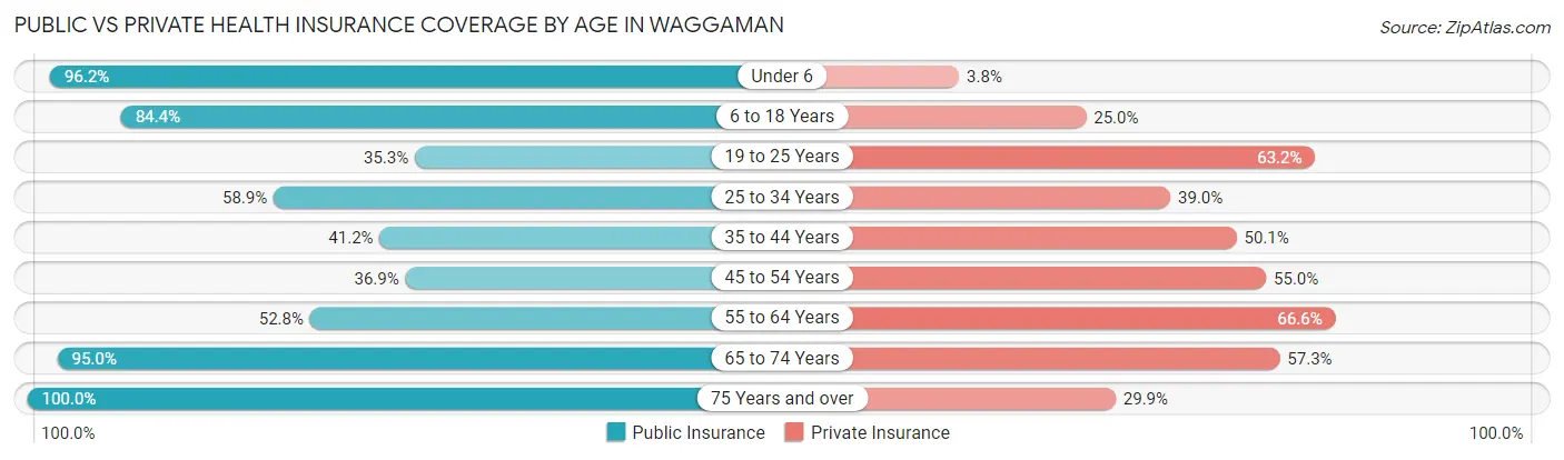 Public vs Private Health Insurance Coverage by Age in Waggaman
