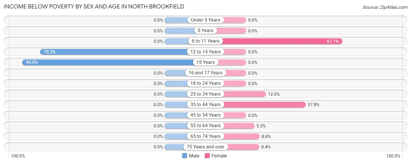 Income Below Poverty by Sex and Age in North Brookfield