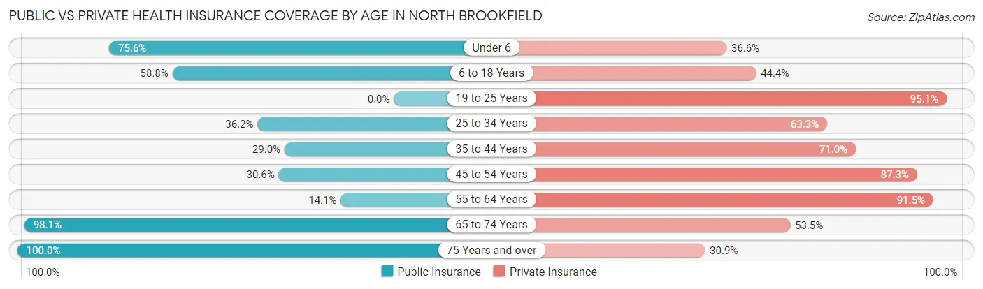 Public vs Private Health Insurance Coverage by Age in North Brookfield