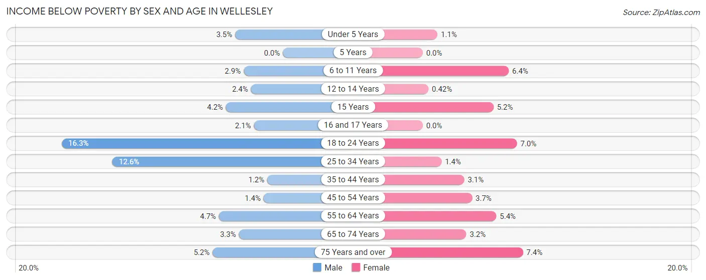 Income Below Poverty by Sex and Age in Wellesley