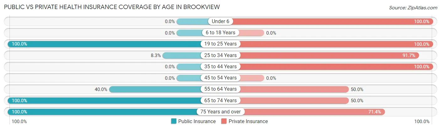 Public vs Private Health Insurance Coverage by Age in Brookview