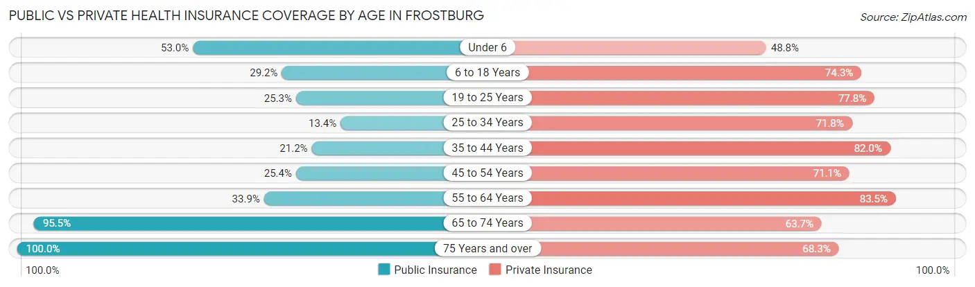 Public vs Private Health Insurance Coverage by Age in Frostburg