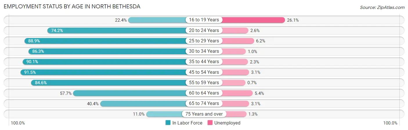 Employment Status by Age in North Bethesda