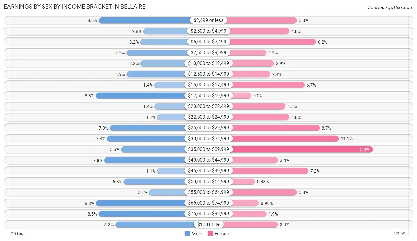 Earnings by Sex by Income Bracket in Bellaire