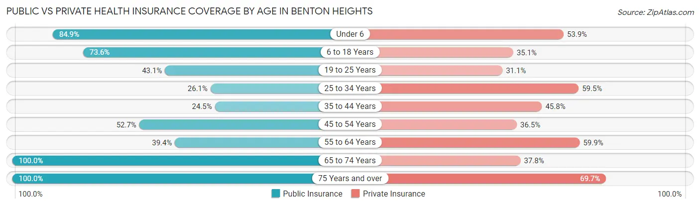 Public vs Private Health Insurance Coverage by Age in Benton Heights