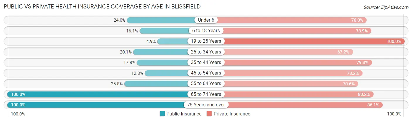 Public vs Private Health Insurance Coverage by Age in Blissfield