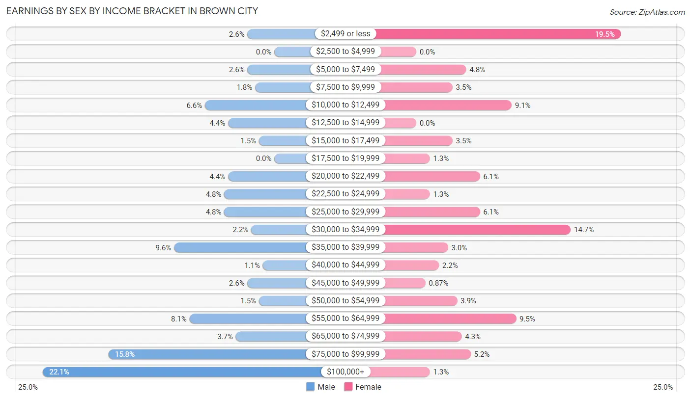 Earnings by Sex by Income Bracket in Brown City