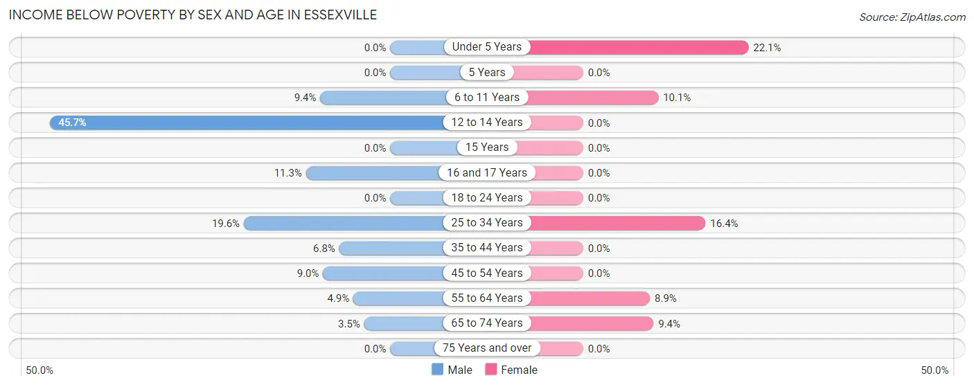 Income Below Poverty by Sex and Age in Essexville