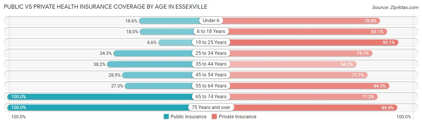 Public vs Private Health Insurance Coverage by Age in Essexville