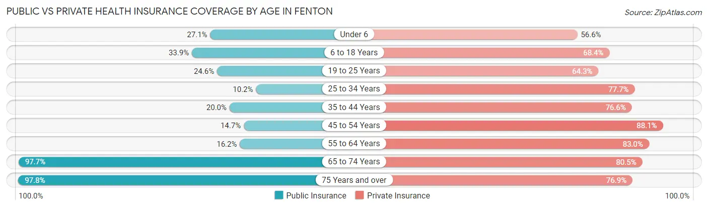 Public vs Private Health Insurance Coverage by Age in Fenton