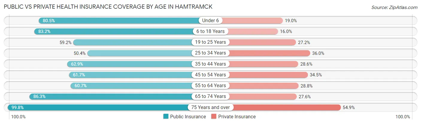 Public vs Private Health Insurance Coverage by Age in Hamtramck