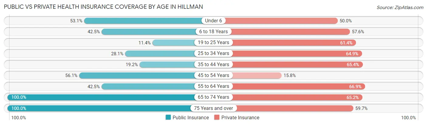 Public vs Private Health Insurance Coverage by Age in Hillman