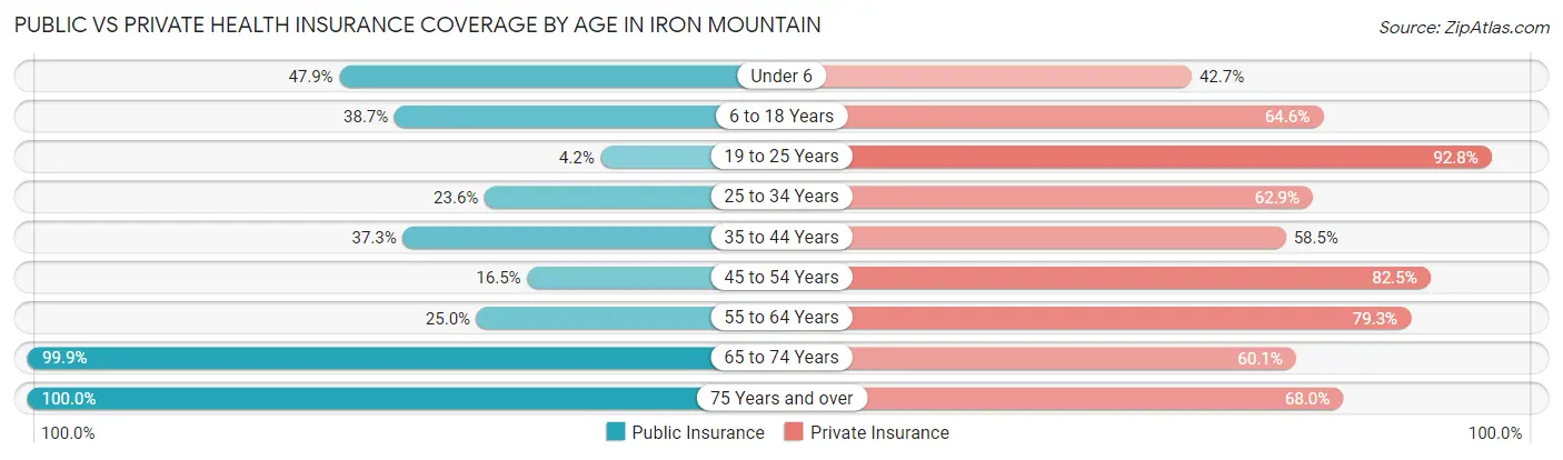 Public vs Private Health Insurance Coverage by Age in Iron Mountain