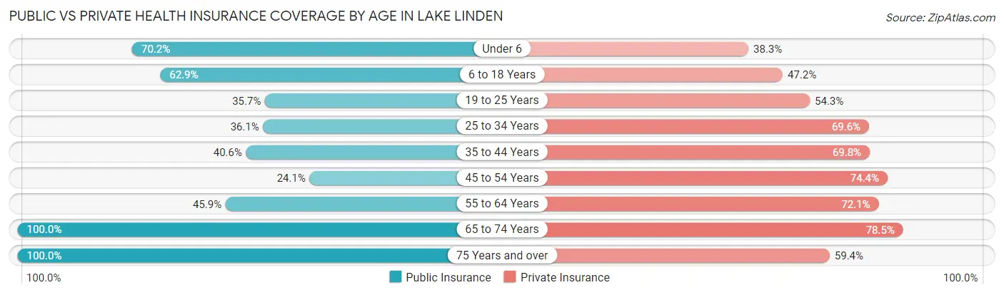 Public vs Private Health Insurance Coverage by Age in Lake Linden