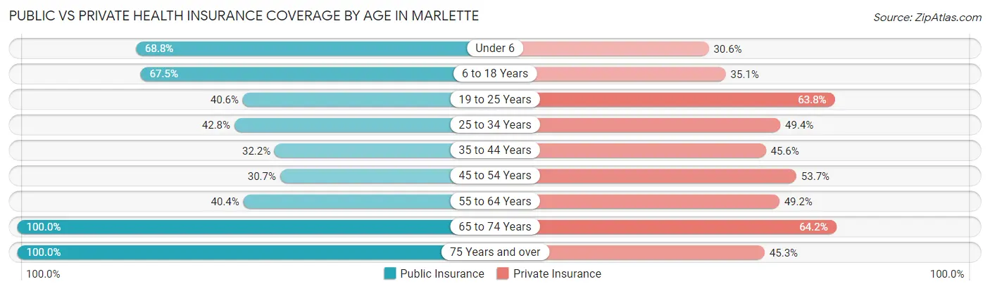 Public vs Private Health Insurance Coverage by Age in Marlette