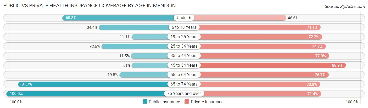 Public vs Private Health Insurance Coverage by Age in Mendon