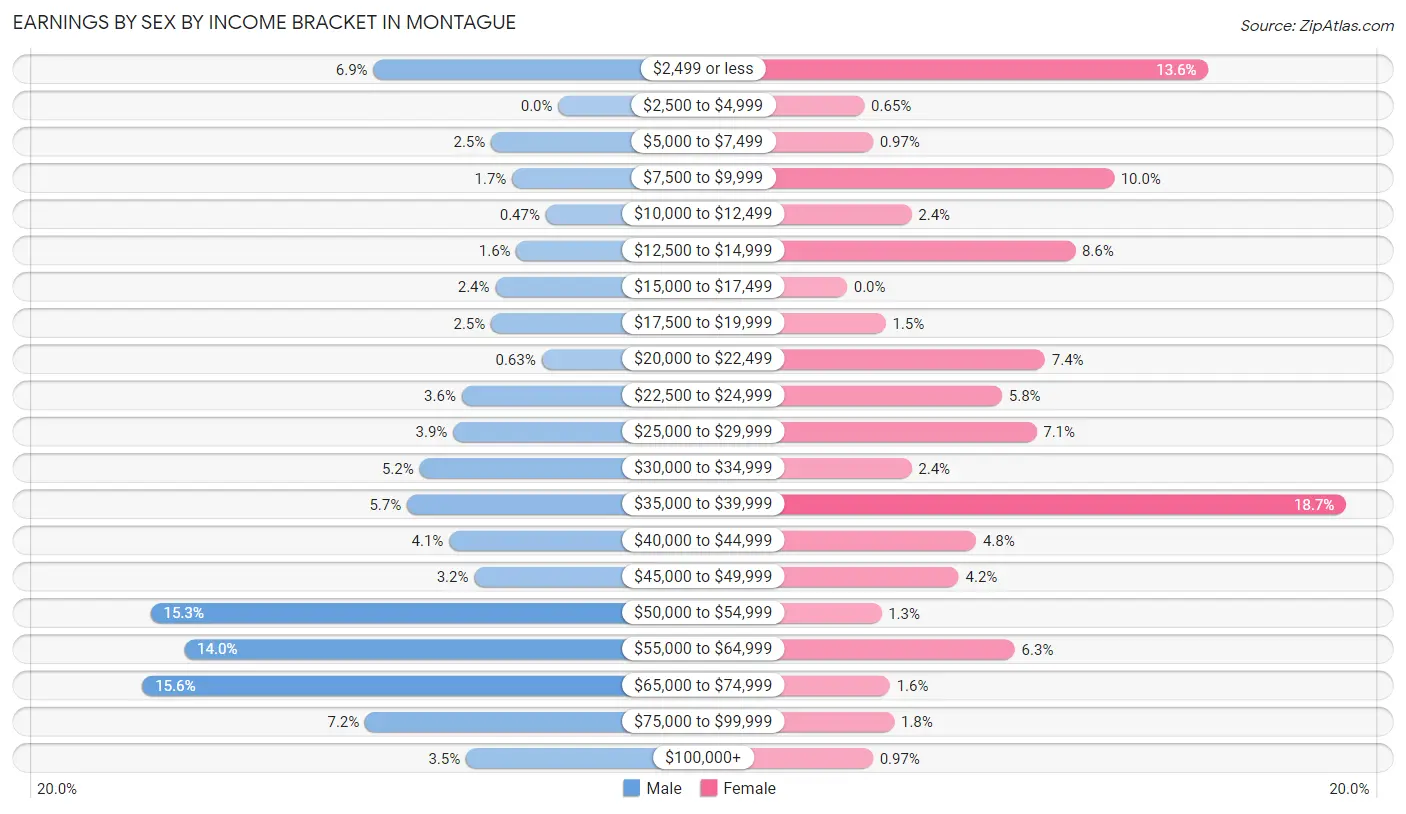 Earnings by Sex by Income Bracket in Montague