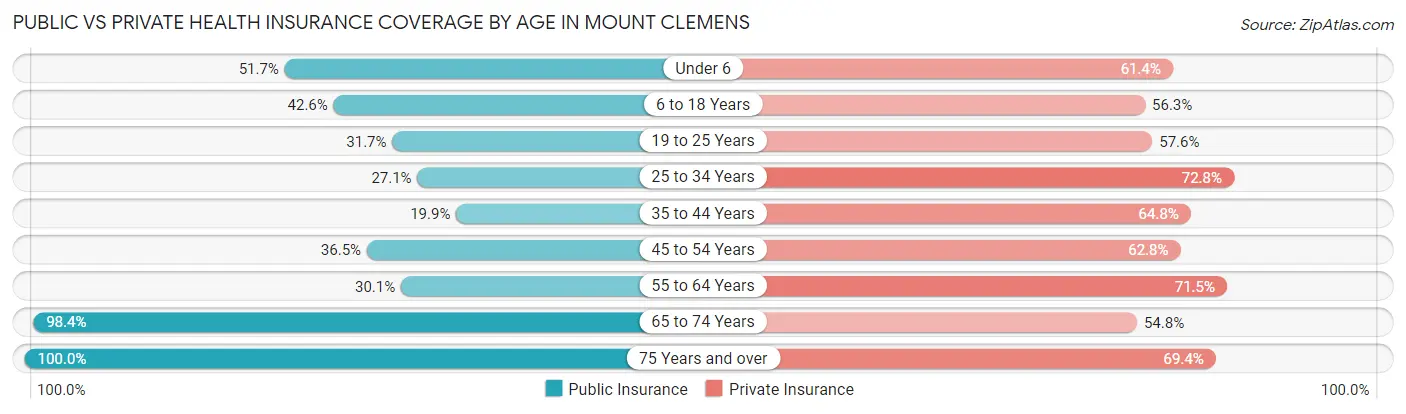 Public vs Private Health Insurance Coverage by Age in Mount Clemens