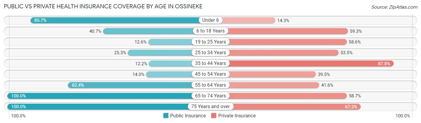 Public vs Private Health Insurance Coverage by Age in Ossineke