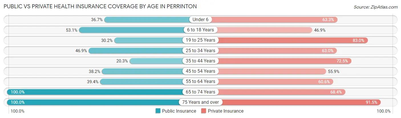 Public vs Private Health Insurance Coverage by Age in Perrinton