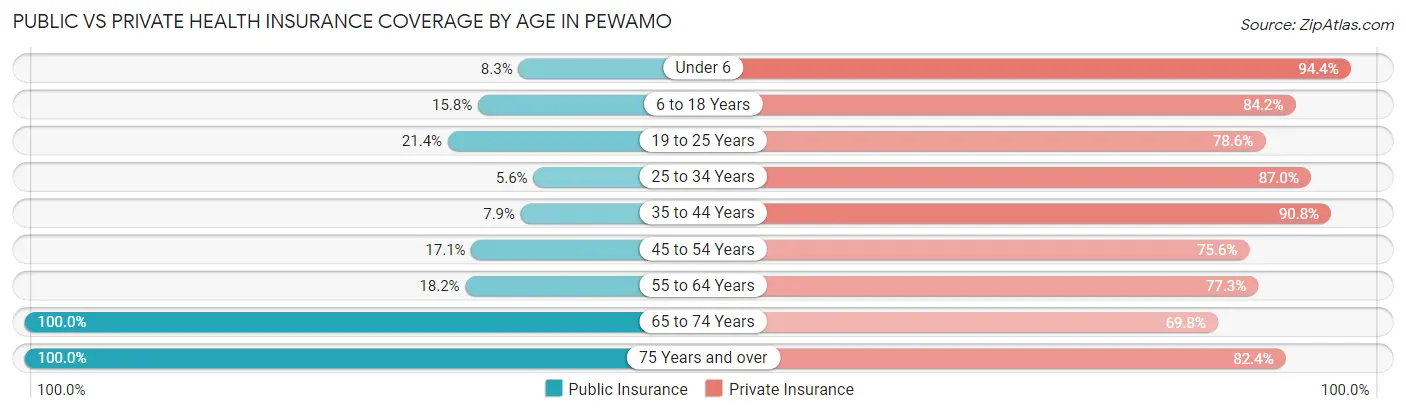 Public vs Private Health Insurance Coverage by Age in Pewamo
